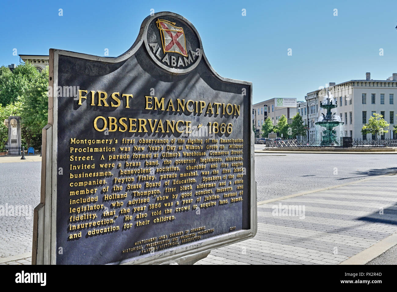 Montgomery Alabama, USA, historische Markierung zum Gedenken an den ersten Einhaltung der Emanzipations-proklamation 1866, entlang der Strasse Commerce. Stockfoto