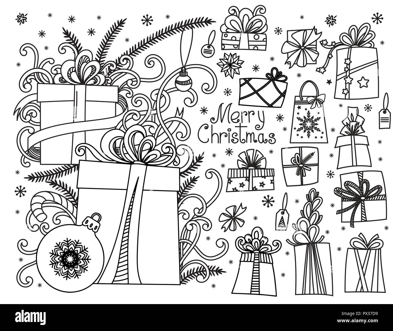 Doodle der Weihnachtsgeschenke. Hand gezeichneten Karikatur Geschenkboxen in verschiedenen Formen und Haufen von Holiday präsentiert mit Bändern und Bogen. Vector Illustration auf weißen isoliert. Design Elements Collection. Stock Vektor