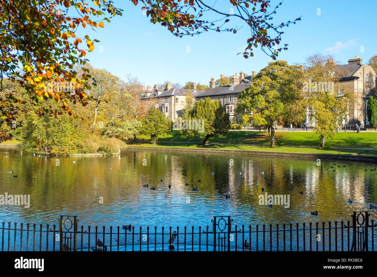 Den See in der Pavilion Gardens Park mit ausgedehnten Spaziergang über, Buxton, Derbyshire, UK Stockfoto