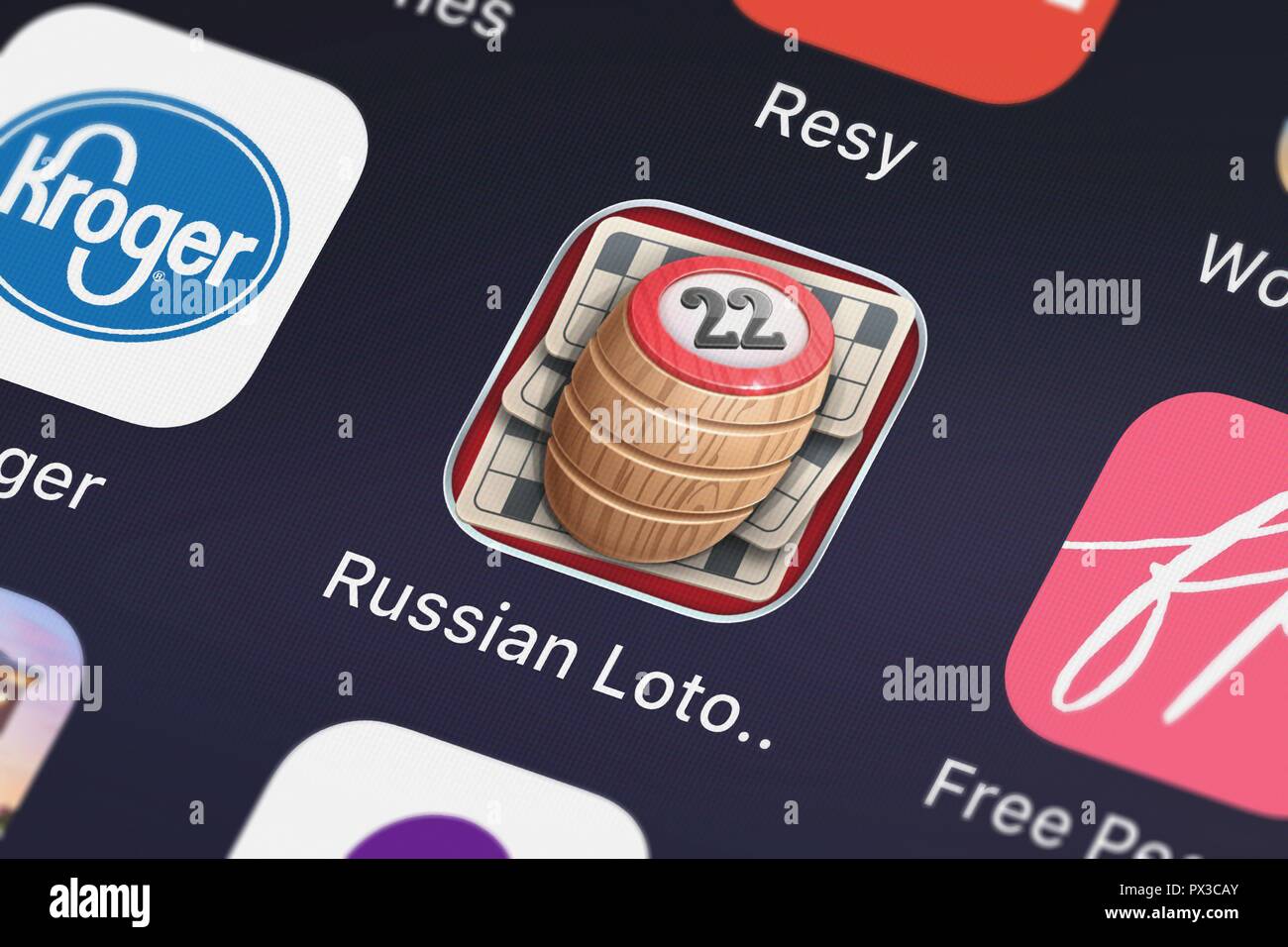 London, Großbritannien, 19. Oktober 2018: Screenshot der mobile App russischen Loto. Spielen Classic Loto online und offline von AppForge Inc.. Stockfoto