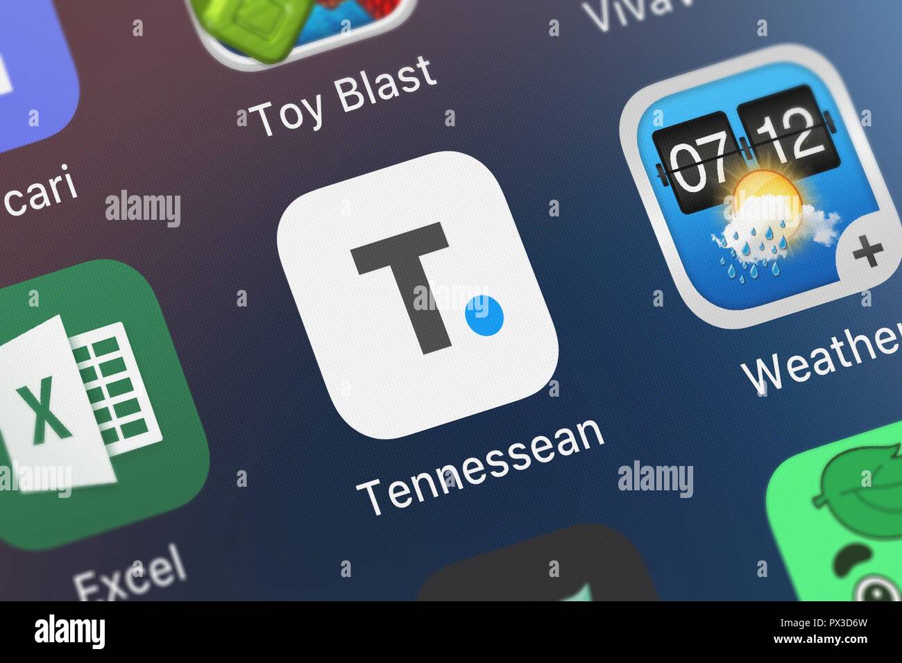 London, Großbritannien, 19. Oktober 2018: Nahaufnahme der Tennessean Programmsymbol aus Gannett auf einem iPhone. Stockfoto