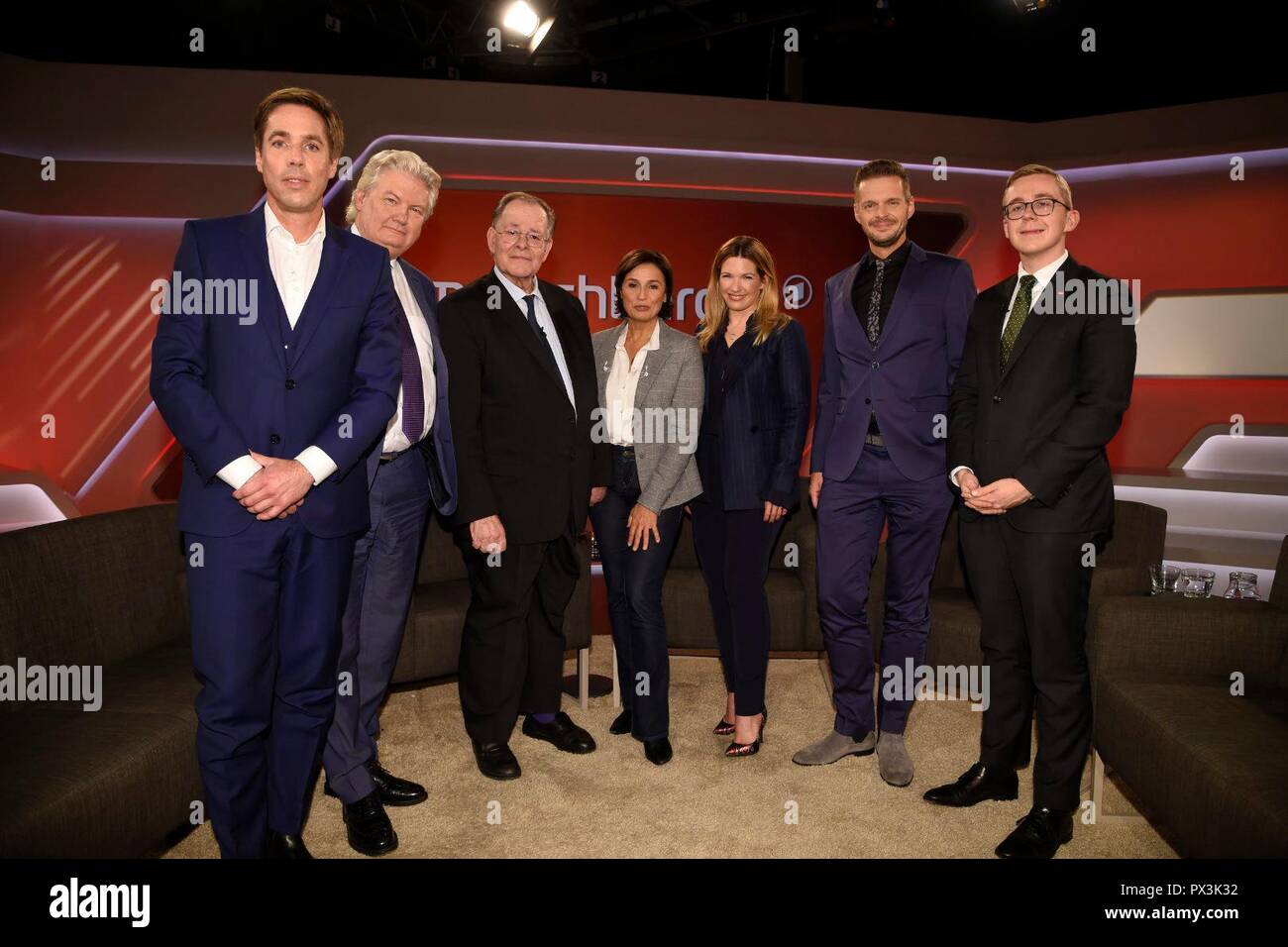 Von links: Markus Feldenkirchen, Autor, Der Spiegel, Journalist, Sigmund Gottlieb, der ehemalige ARD-Moderator, Rudolf Dressler, Drevuler, SPD-Politiker, Moderatorin Sandra Maischberger, Jessica LIBBERTZ, b. KASTROP, Moderator, Sportreporter, Florian Schroeder, Schrv? Der, Kabarettist, Philipp AMTHOR, CDU (Mitglied des Parlaments) im Programm MAISCHBERGER, ARD, Thema des Programms: Watschn fvºr sterben Volksparteien: Wer braucht Union und SPD? € | Nutzung weltweit Stockfoto
