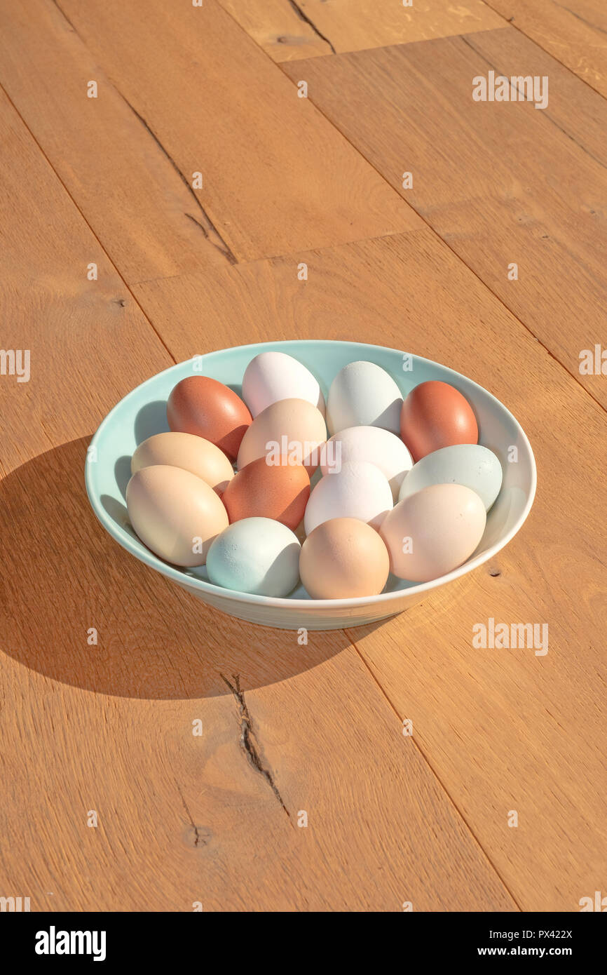 Eine Schale mit verschiedenen farbigen Eier auf einem Holz- Oberfläche Stockfoto