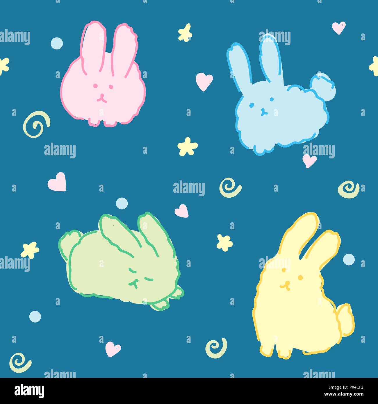 Fluffy bunnies Wallpaper nahtlose Muster niedlichen Kaninchen kawaii gute Nacht Tiere auf Blau Stock Vektor