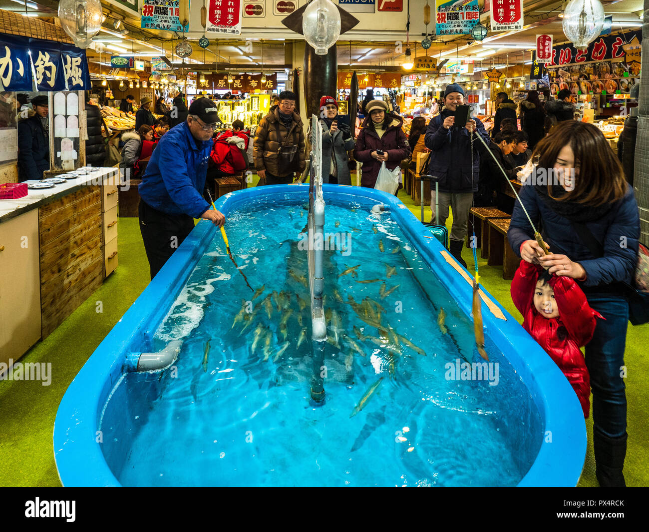 Hakodate Fischmarkt - fang live squid Die schnell getötet werden und für das Essen an den Markt vorbereitet. Stockfoto