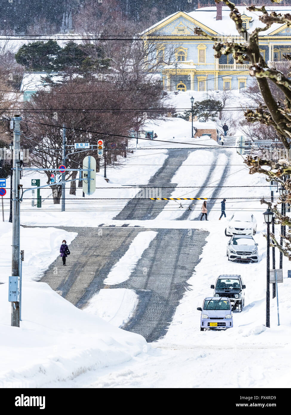 Beheizte Straße Japan - Beheizte Fahrbahn in Hakodate auf der Nördlichen japanischen Insel Hokkaido Stockfoto
