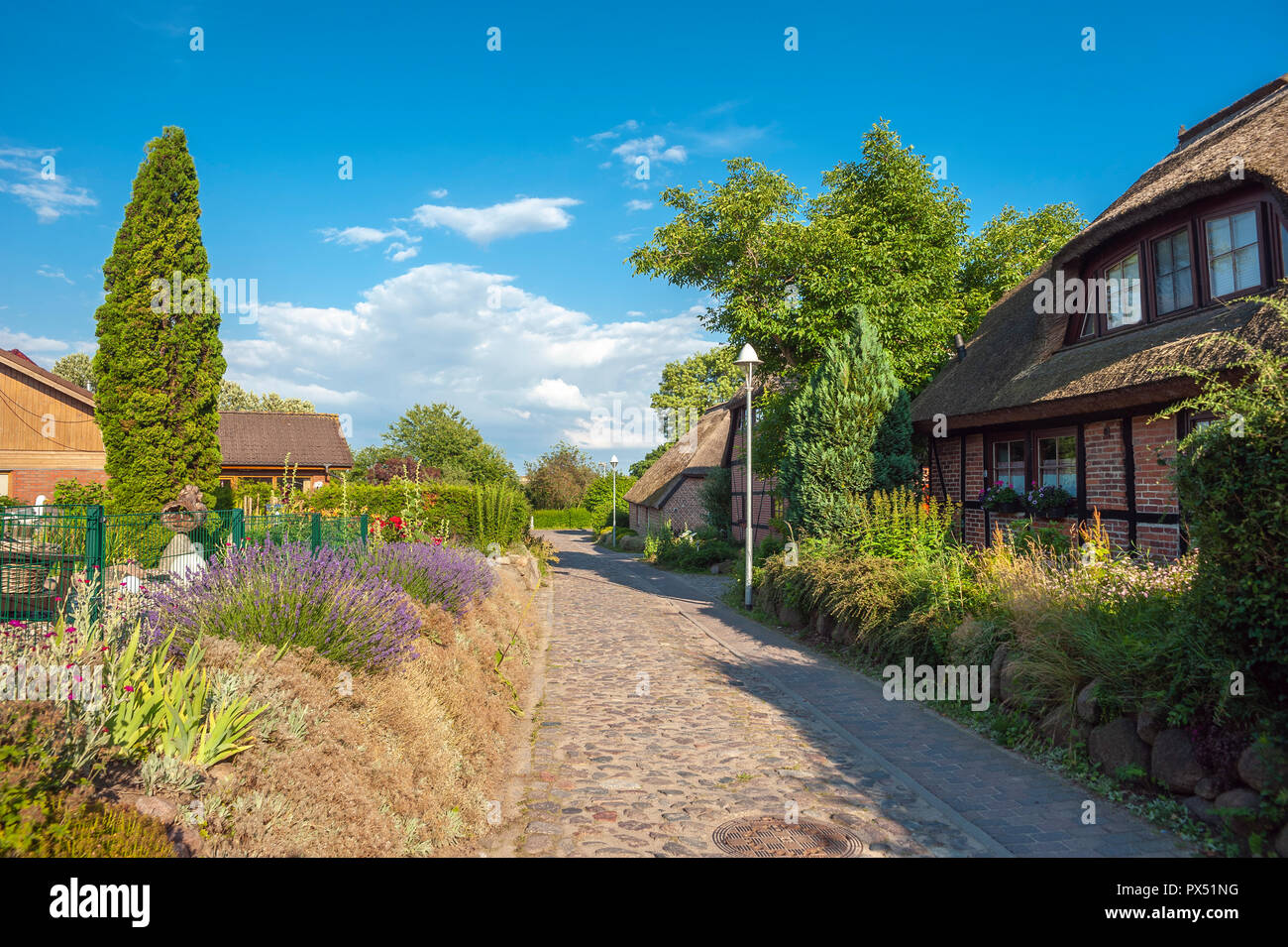 Dorfstraße im Ortsteil Altensien, Sellin, Rügen, Mecklenburg-Vorpommern, Deutschland, Europa Stockfoto