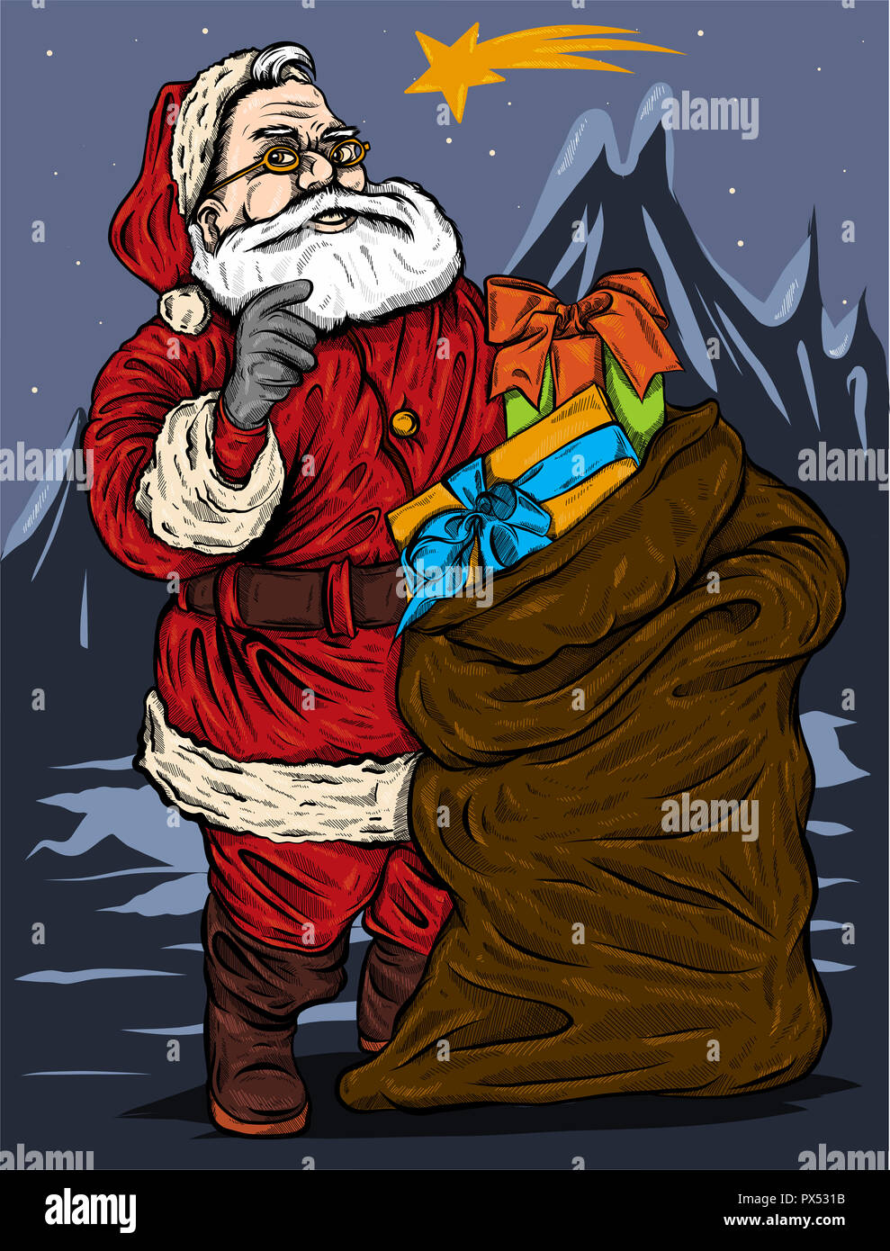 Weihnachtsbaum Abzeichen mit cartoon Santa Claus Holding ein. Retro Abbildung. Stockfoto