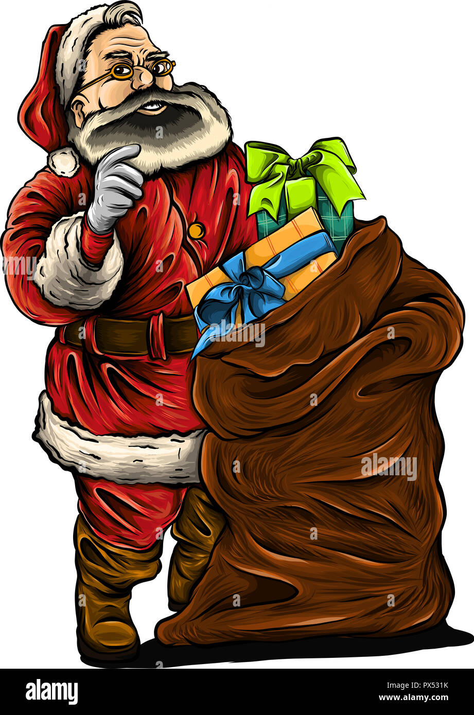 Weihnachtsbaum Abzeichen mit cartoon Santa Claus Holding ein. Retro Abbildung. Stockfoto
