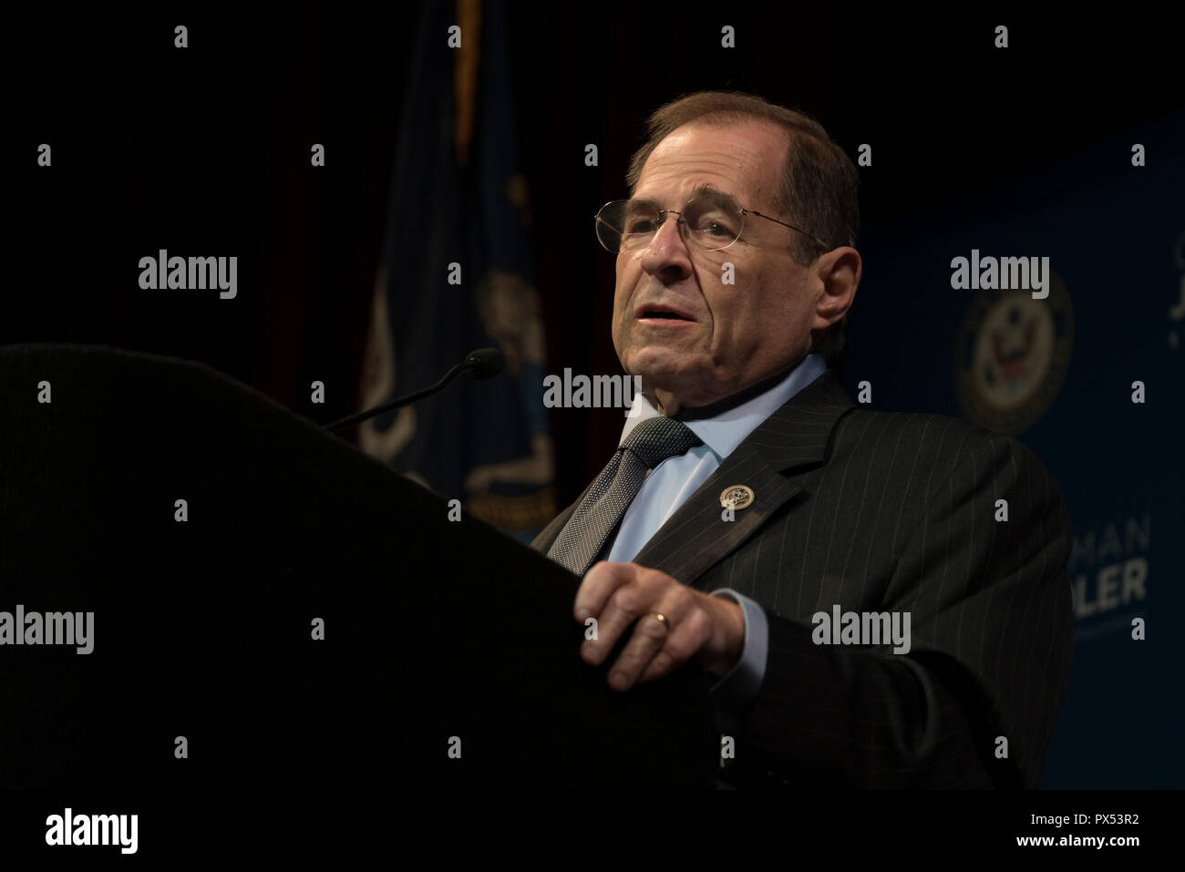 Kongressabgeordnete Jerrold Nadler (D-NY), der den 10. Kongress Bezirk darstellt, sprach bei einem Town Hall Meeting am Okt. 9, 2018. Stockfoto