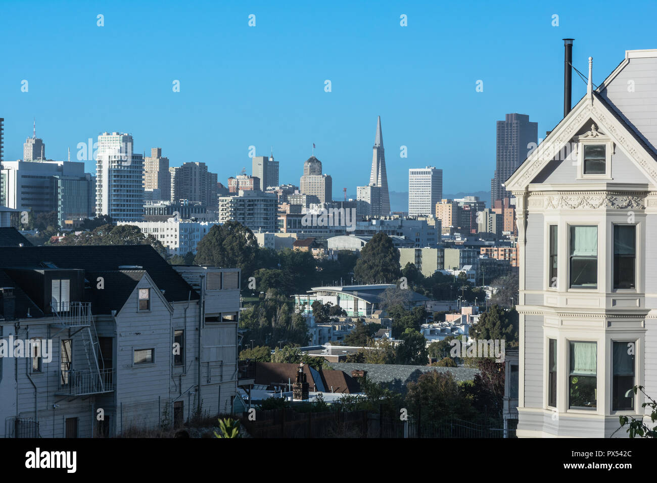 San Francisco, Kalifornien, USA - 12. Juni 2018: die Skyline von San Francisco Blick von Alamo Square Stockfoto