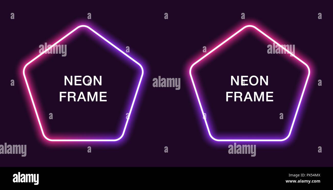 Neon Rahmen in fünfeckiger Form. Vektor Vorlage von Neon Grenze in Rosa und Violett, kreativ glühende Pentagon in Umriß. Moderne Hintergrund für d Stock Vektor