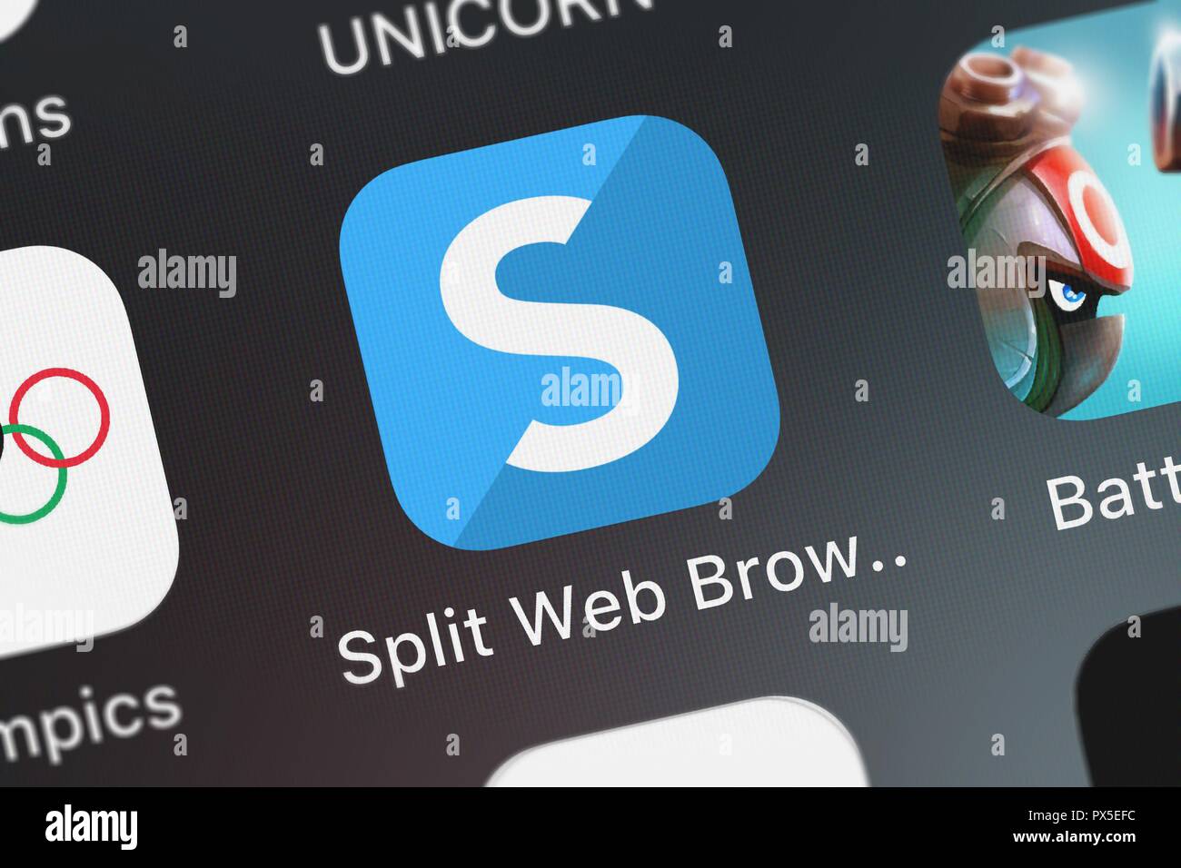 London, Großbritannien, 19. Oktober 2018: Nahaufnahme des Split Browser kostenlos: Schnelles Multitasking und Vollbild mehrere Tab-Browsing für iP Stockfoto
