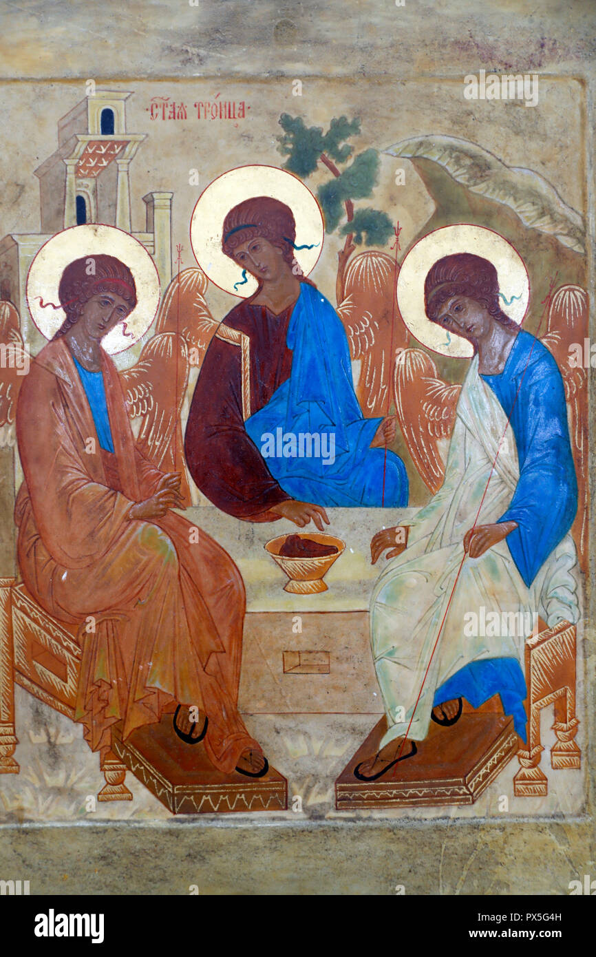 Die Dreifaltigkeit bezeichnet auch die Gastfreundschaft Abrahams ist ein Symbol von russischen Maler Andrej Rublev im 15. Jahrhundert erstellt. Ökumenischer Rat der Kirchen Stockfoto