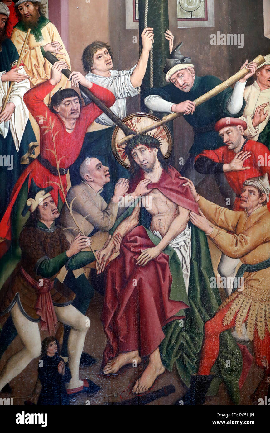 Saint-Pierre le Vieux Katholische Kirche. Christus in seinem Leiden. Jesus wird gegeißelt und mit Dornen gekrönt. Gemälde von Henri Lutzelman aus dem 15. Jahrhundert. Stockfoto