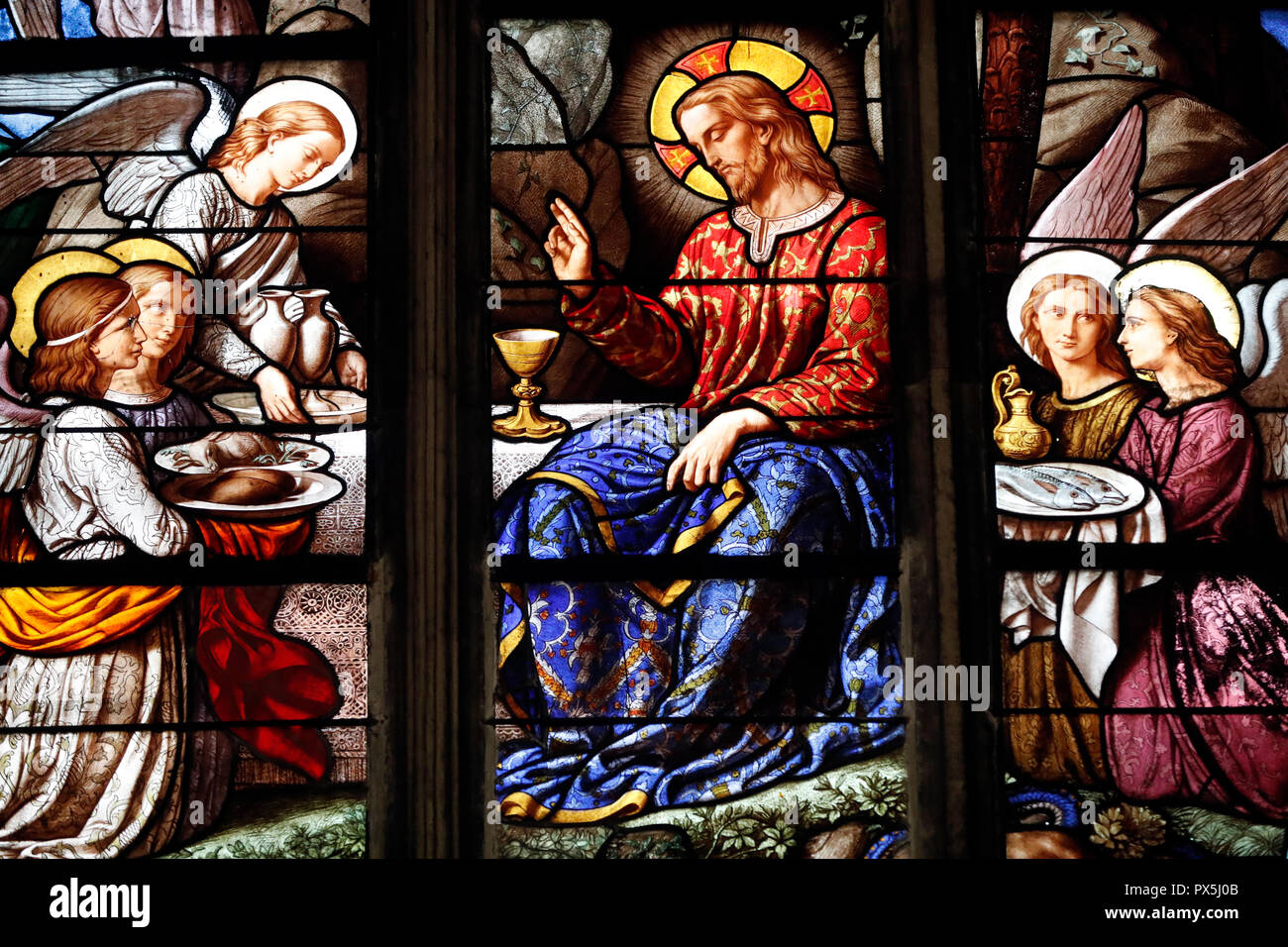 Saint Nizier Kirche. Glasfenster. Die Versuchung Jesu in der Wüste mit dem Engel. 1880. Lyon. Frankreich. Stockfoto