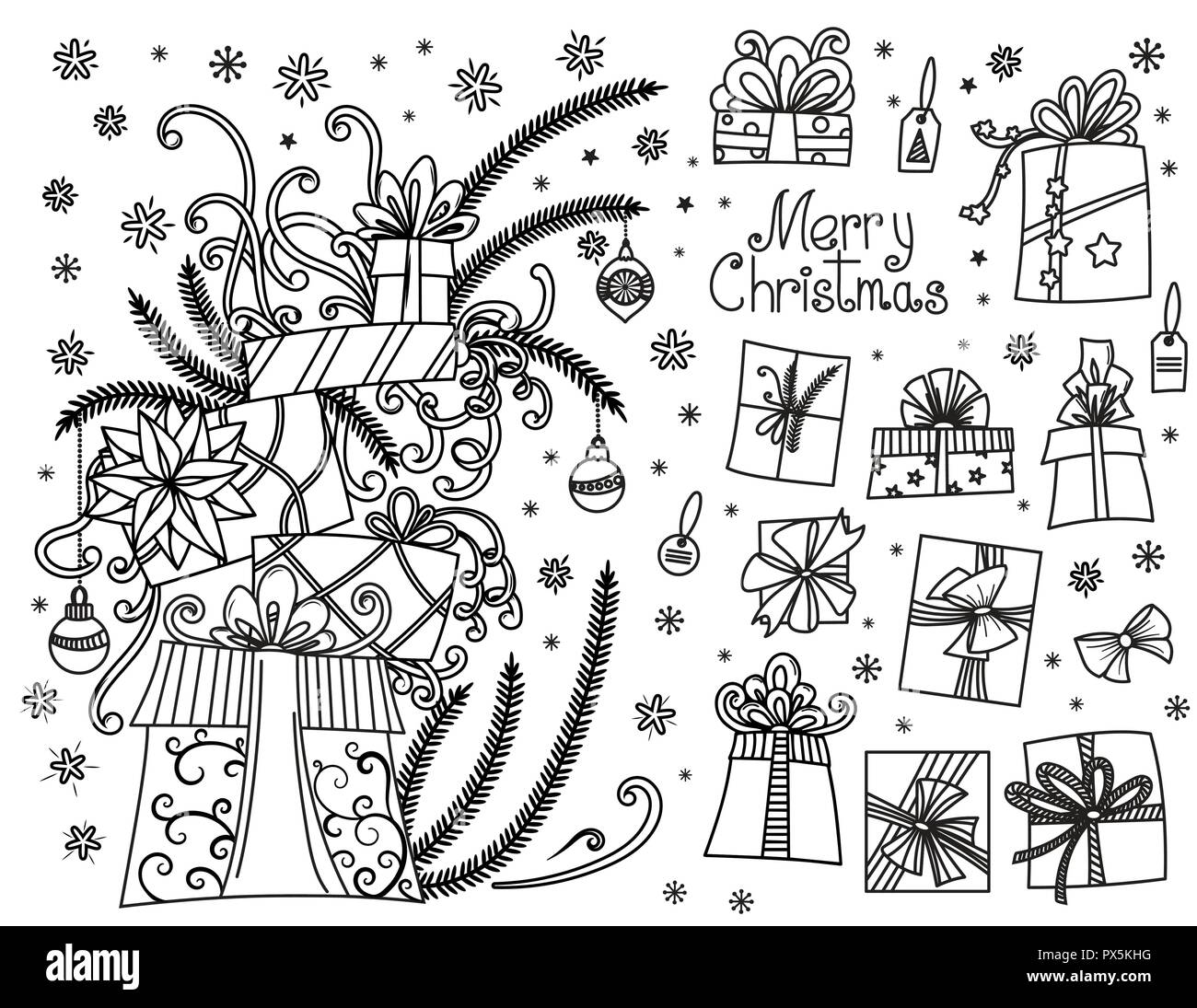Doodle der Weihnachtsgeschenke. Hand gezeichneten Karikatur Geschenkboxen in verschiedenen Formen und Haufen von Holiday präsentiert mit Bändern und Bogen. Vector Illustration auf weißen isoliert. Design Elements Collection. Stock Vektor