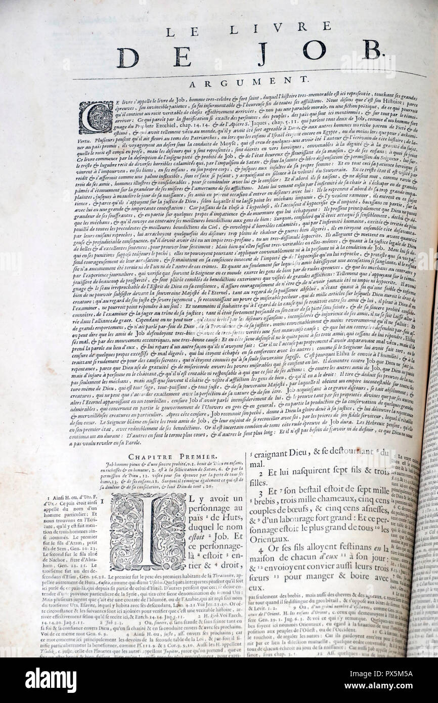 Alte Bibel in französischer Sprache, 1669. Alten Testament. Weisheit Buch. Job. Stockfoto
