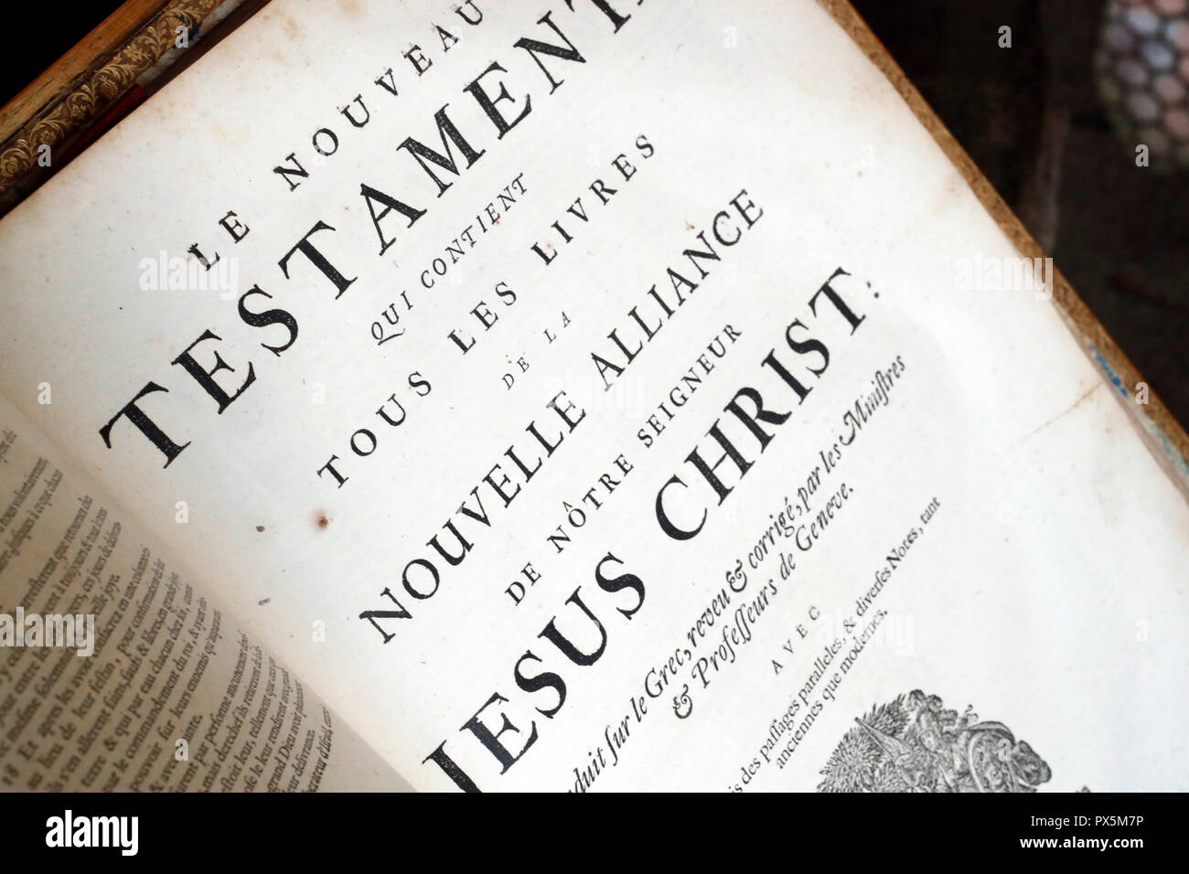 Alte Bibel in französischer Sprache, 1669. Neuen Testament. Stockfoto