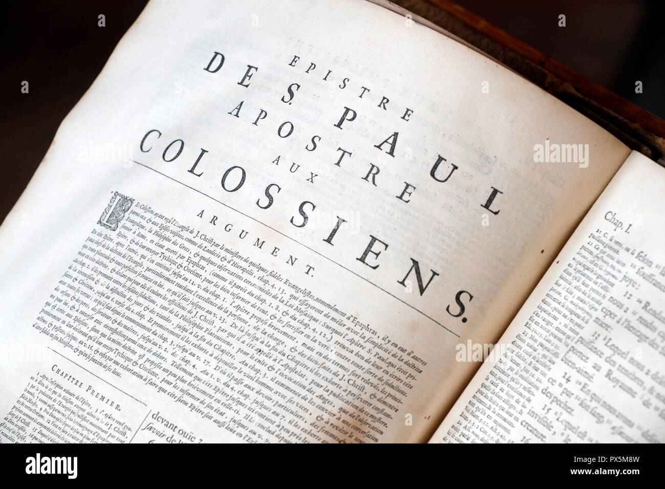 Alte Bibel in französischer Sprache, 1669. Neuen Testament. Epistie. Paul. Clossians. Stockfoto