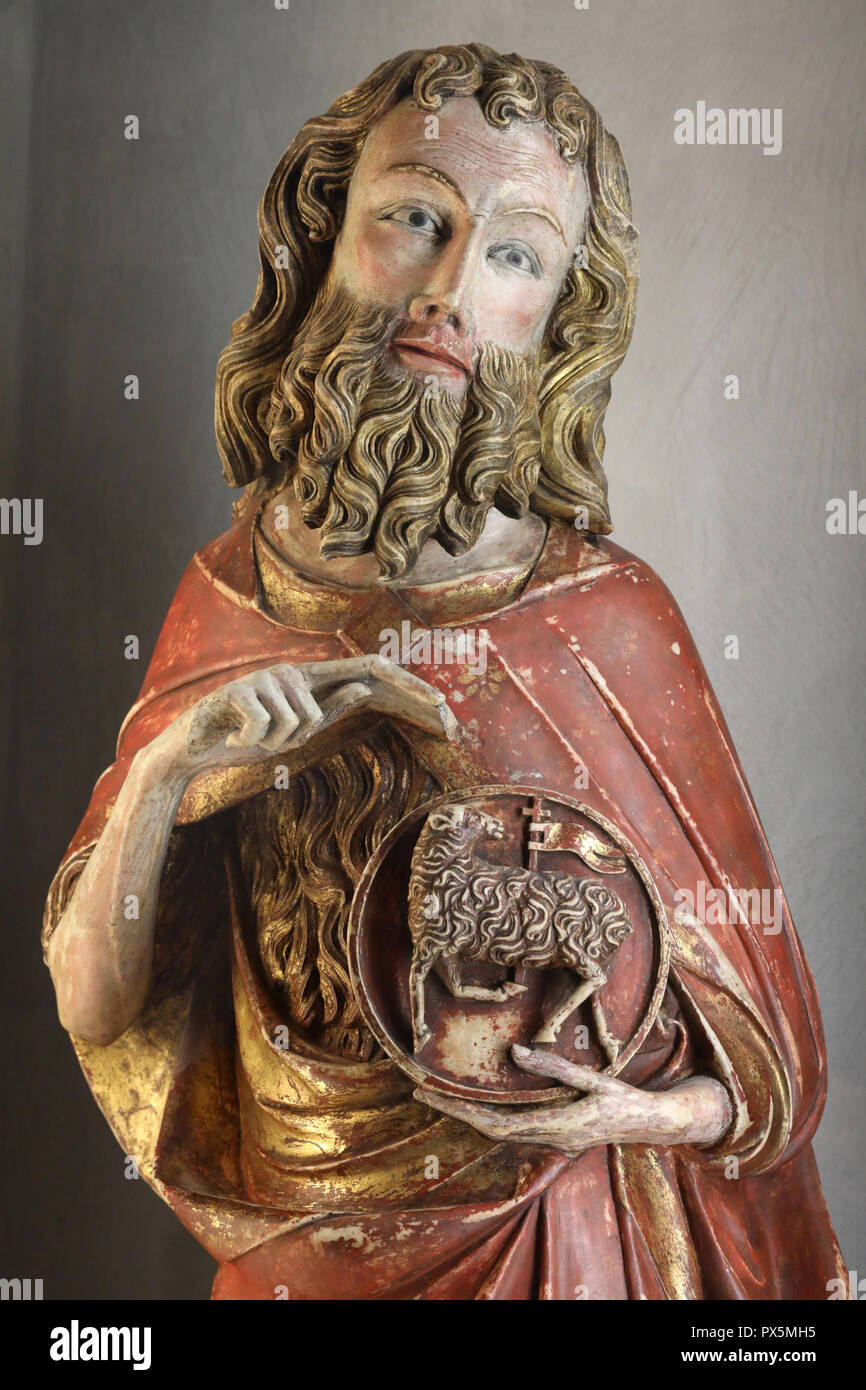 MusŽe des Beaux-Arts, Lyon, Frankreich. Museum der Schönen Künste, Lyon, Frankreich. Catalogne. Der hl. Johannes der Täufer, Alabaster, 14. Detail. Stockfoto
