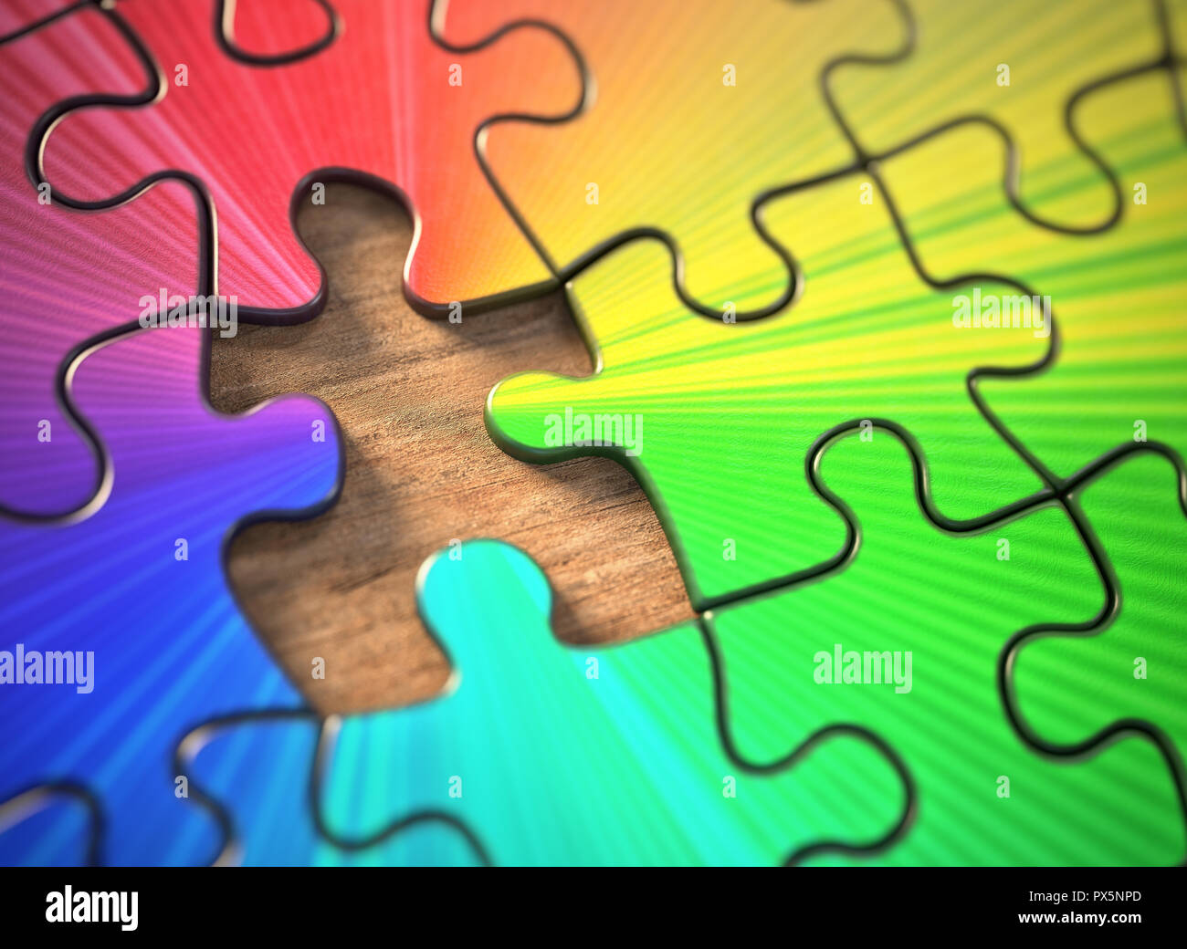 Farbige Puzzle mit einem fehlenden Stück. Mangel an dem Teil, der die Farben gibt. Stockfoto