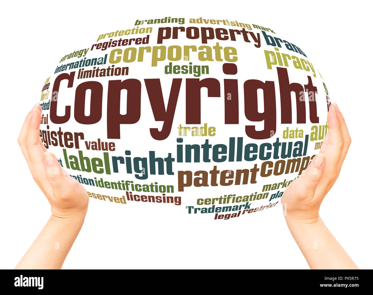 Copyright Wort Cloud Hand Kugel Konzept auf weißem Hintergrund. Stockfoto