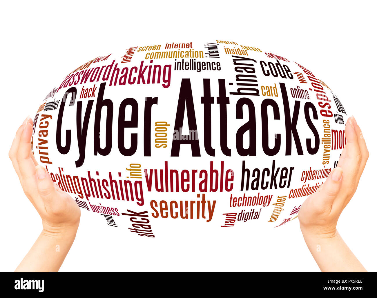 Cyber-angriffe Wort Cloud Hand Kugel Konzept auf weißem Hintergrund. Stockfoto