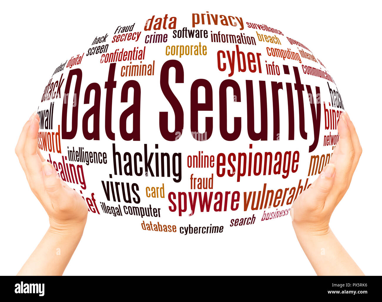 Data Security word Cloud Hand Kugel Konzept auf weißem Hintergrund. Stockfoto