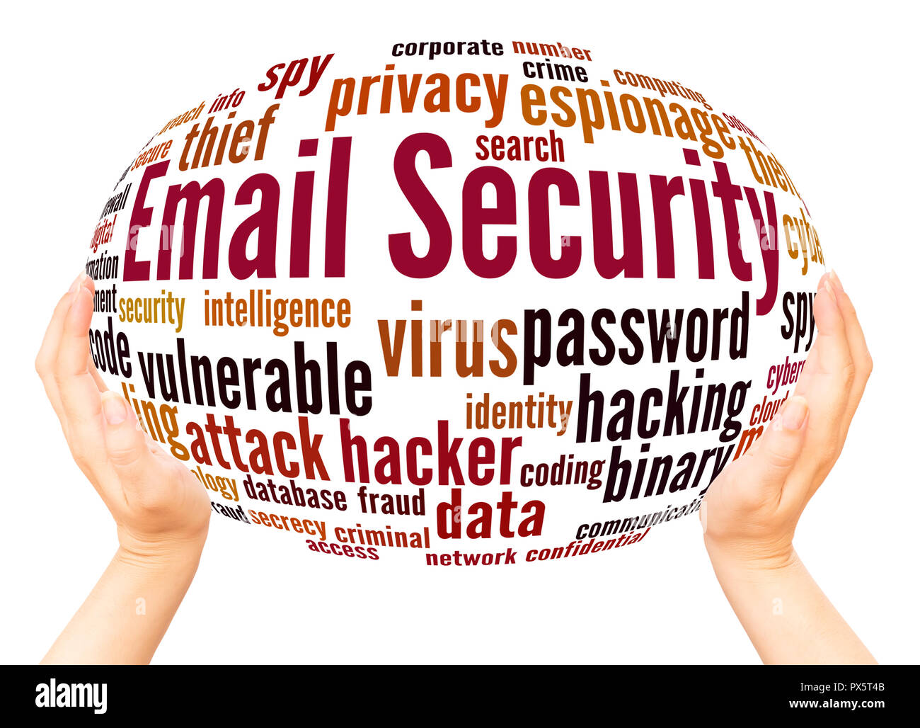E-Mail Security word Cloud Hand Kugel Konzept auf weißem Hintergrund. Stockfoto