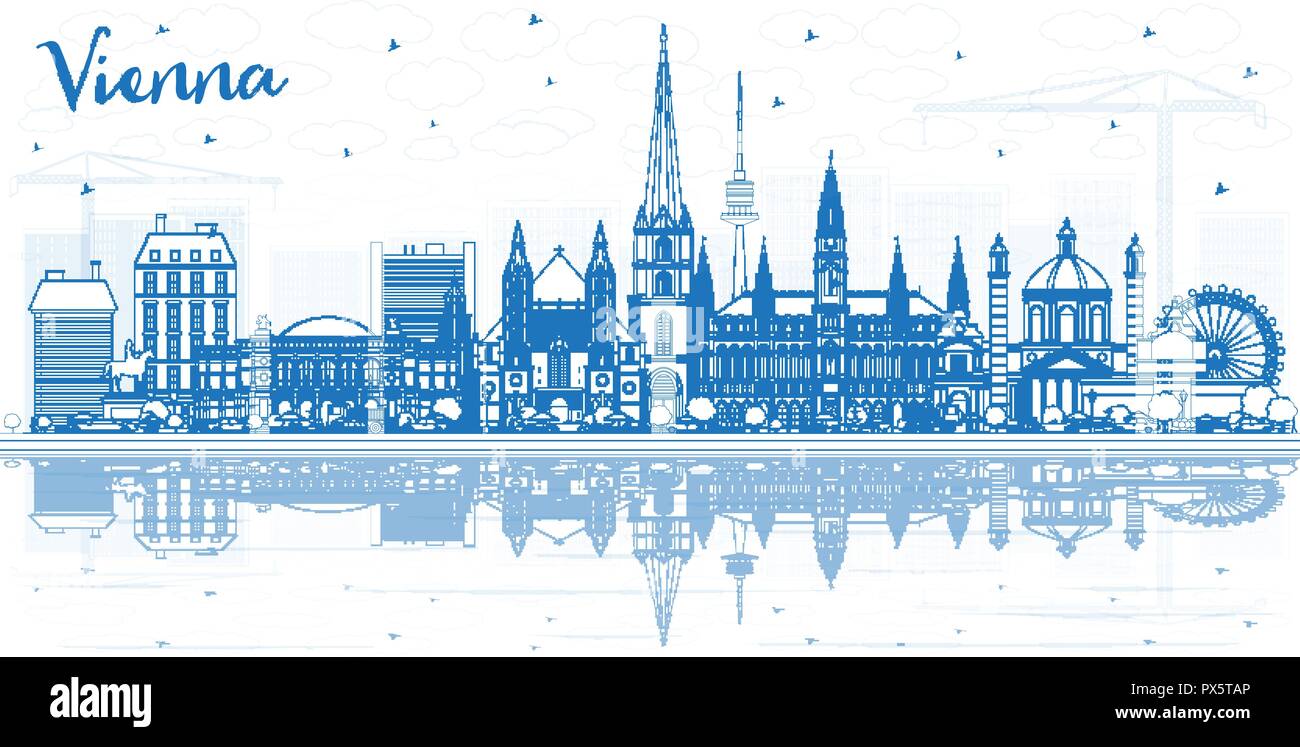 Umrisse Wien Österreich Skyline der Stadt mit blauen Gebäude und Reflexionen. Vector Illustration. Business Travel und Tourismus Konzept Stock Vektor