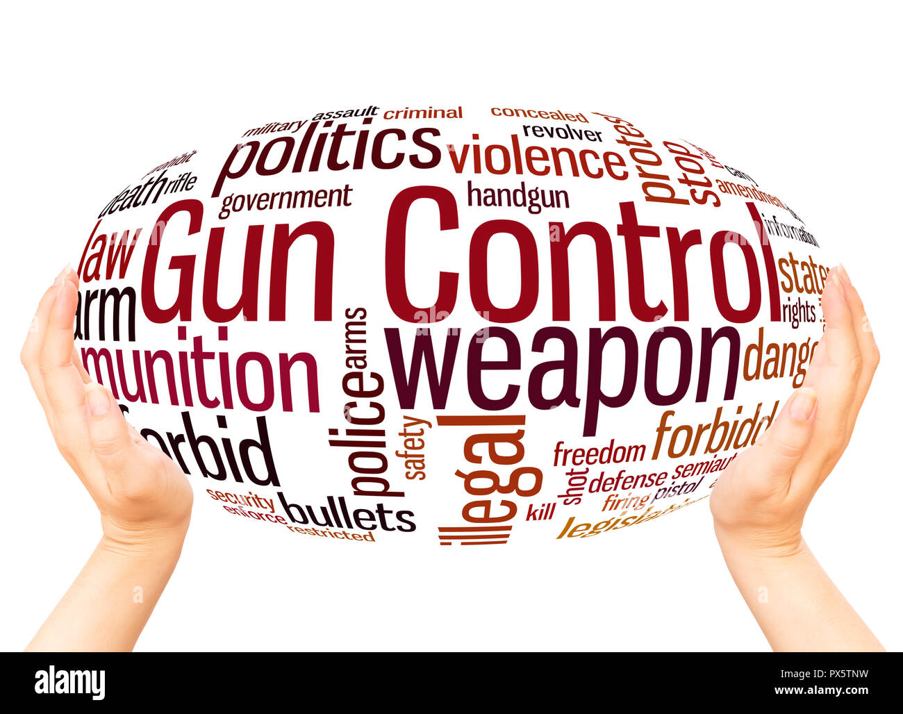 Gun Control Word Cloud Hand Kugel Konzept auf weißem Hintergrund. Stockfoto