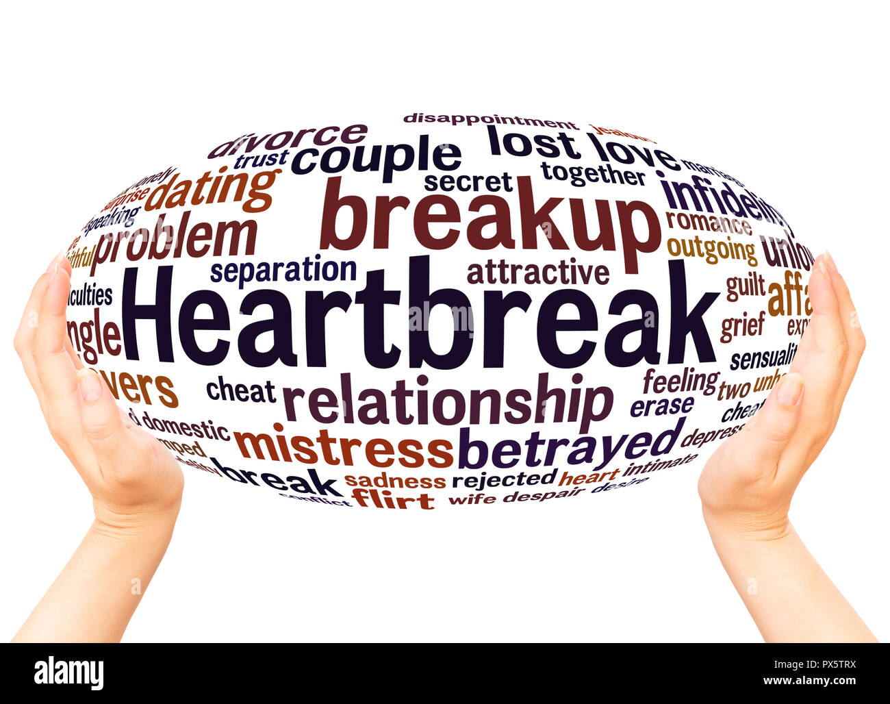 Heartbreak Wort Cloud Hand Kugel Konzept auf weißem Hintergrund. Stockfoto