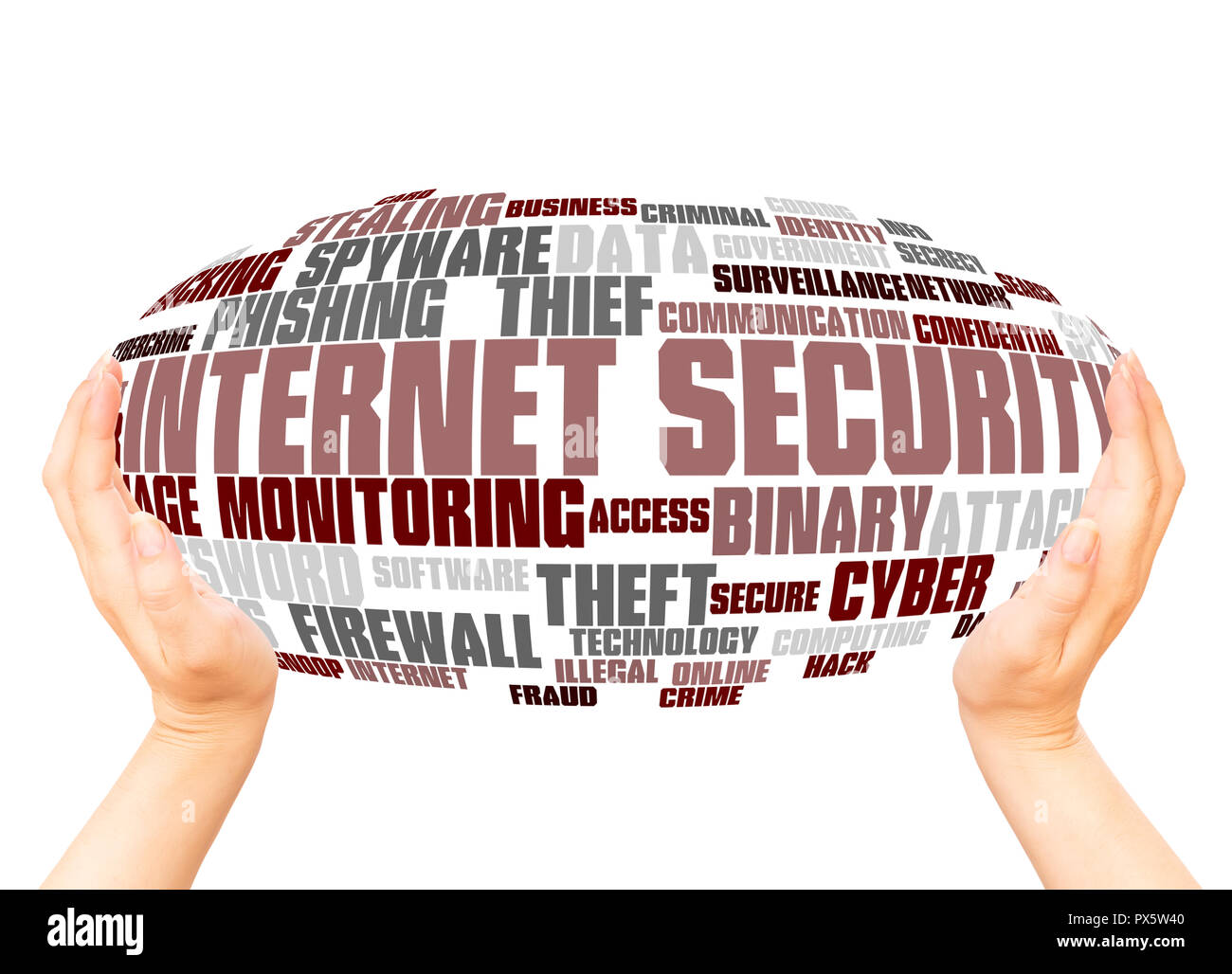 Internet Security word Cloud Hand Kugel Konzept auf weißem Hintergrund. Stockfoto