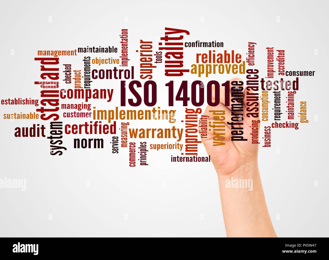 ISO 14001 word Cloud und Hand mit Marker Konzept auf weißem Hintergrund Stockfoto