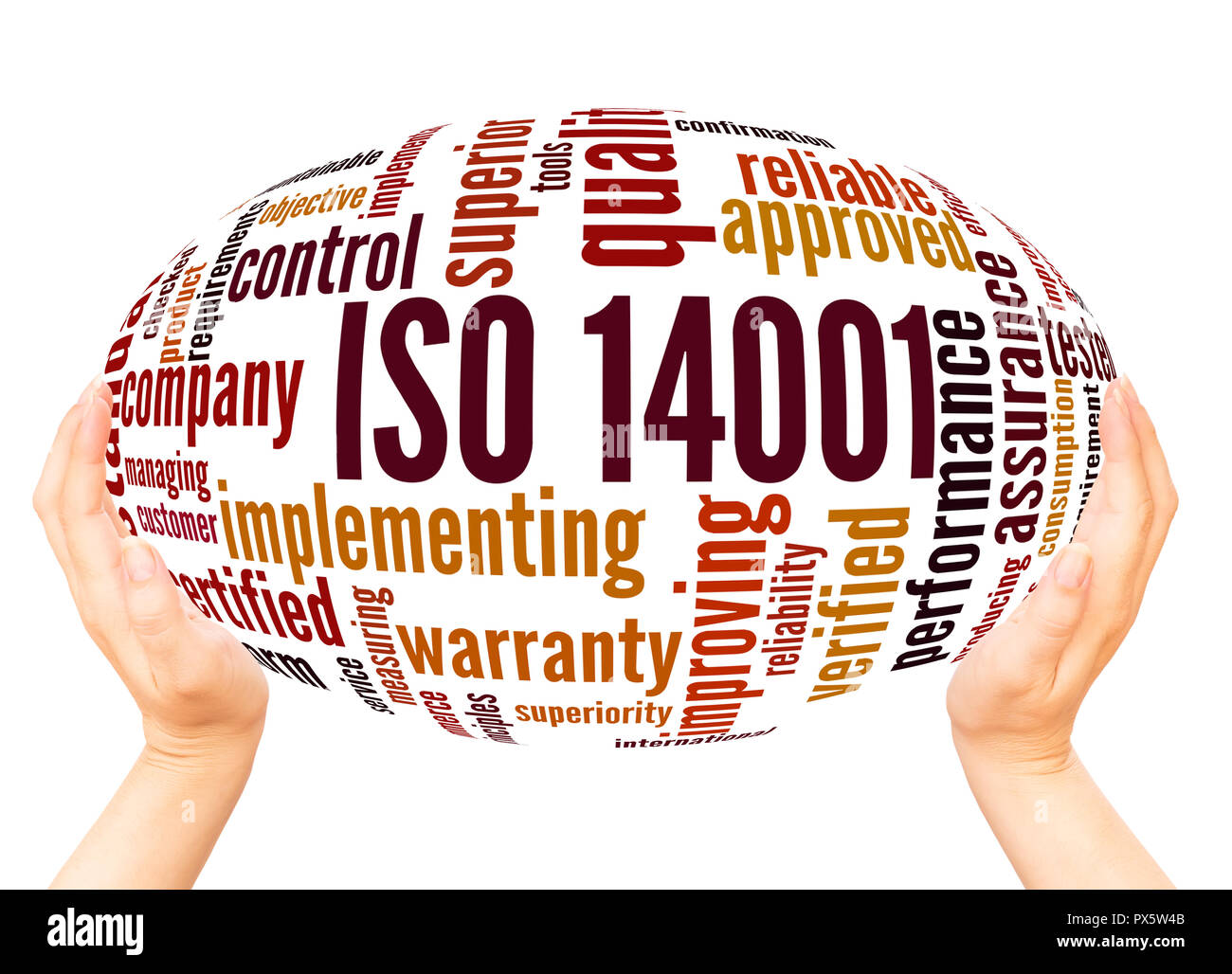 ISO 14001 word Cloud Hand Kugel Konzept auf weißem Hintergrund Stockfoto