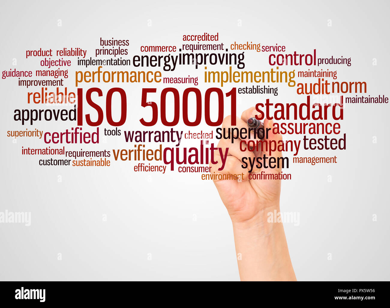 ISO 50001, Word cloud und Hand mit Marker Konzept auf weißem Hintergrund. Stockfoto
