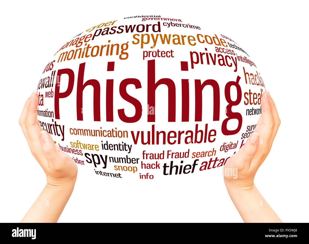 Phishing Wort Cloud Hand Kugel Konzept auf weißem Hintergrund. Stockfoto