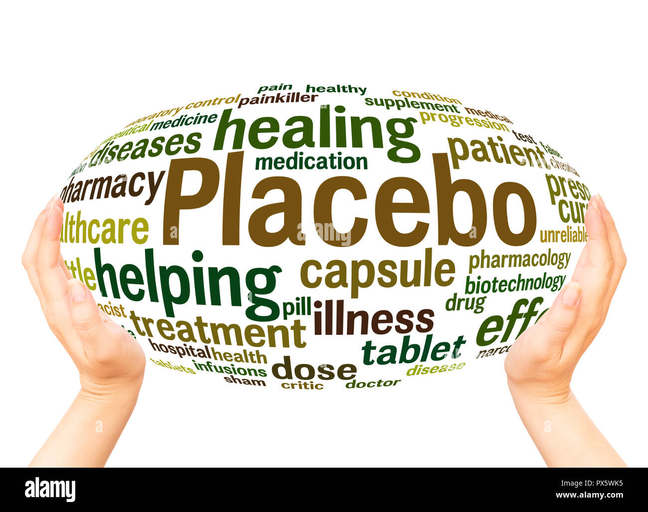Placebo Wort Cloud Hand Kugel Konzept auf weißem Hintergrund. Stockfoto