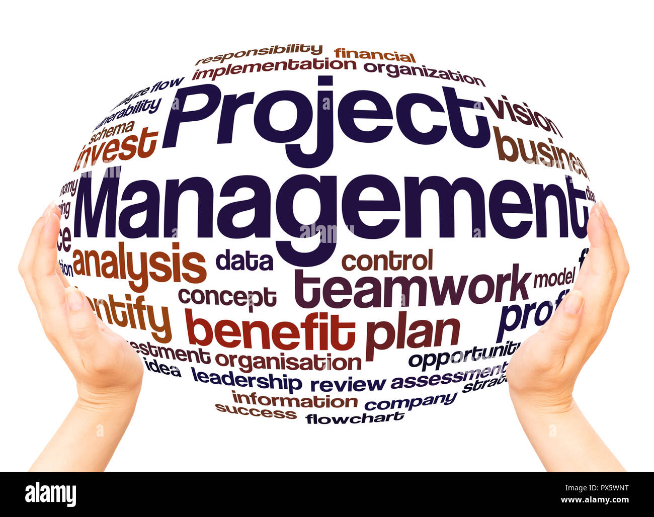 Projekt Management word Cloud Hand Kugel Konzept auf weißem Hintergrund. Stockfoto