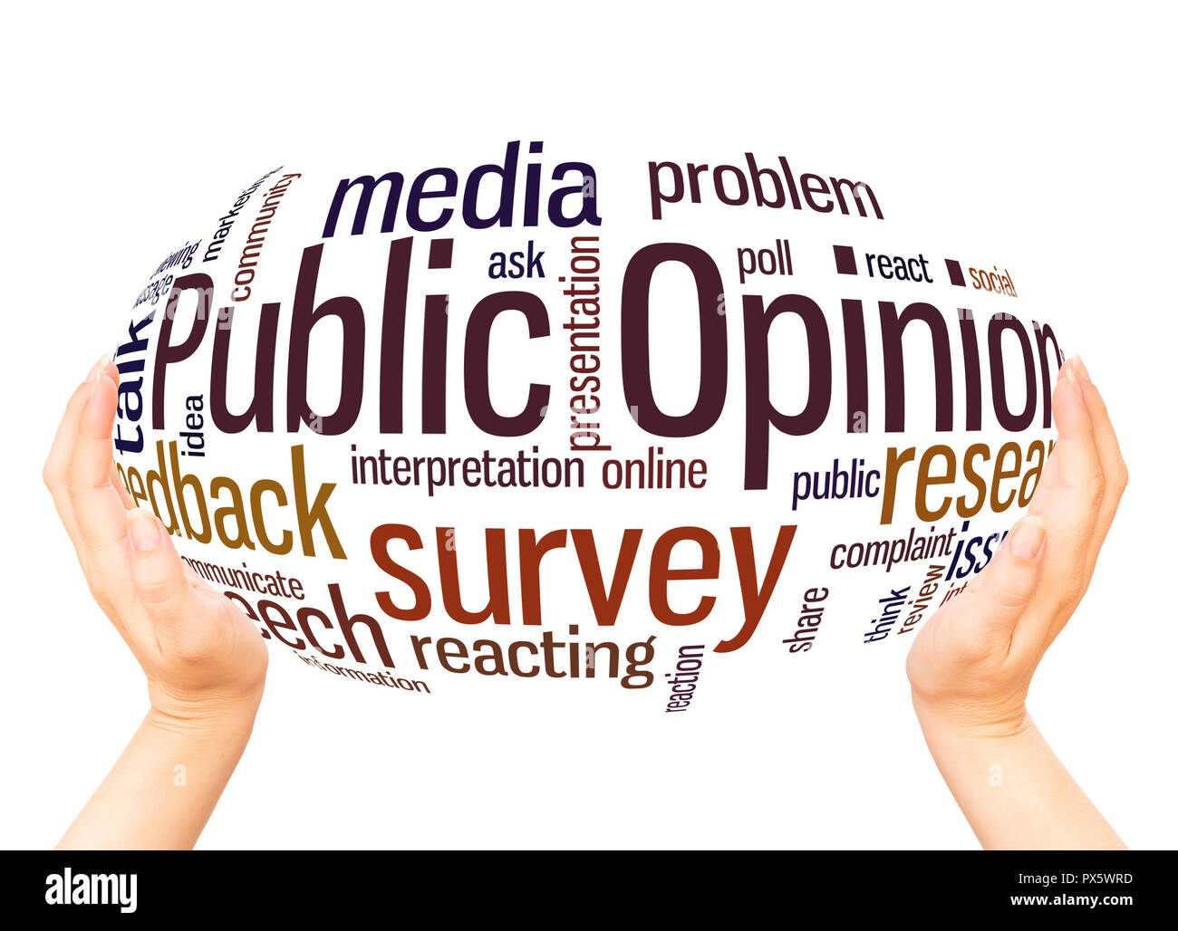 Die öffentliche Meinung, word Cloud Hand Kugel Konzept auf weißem Hintergrund. Stockfoto