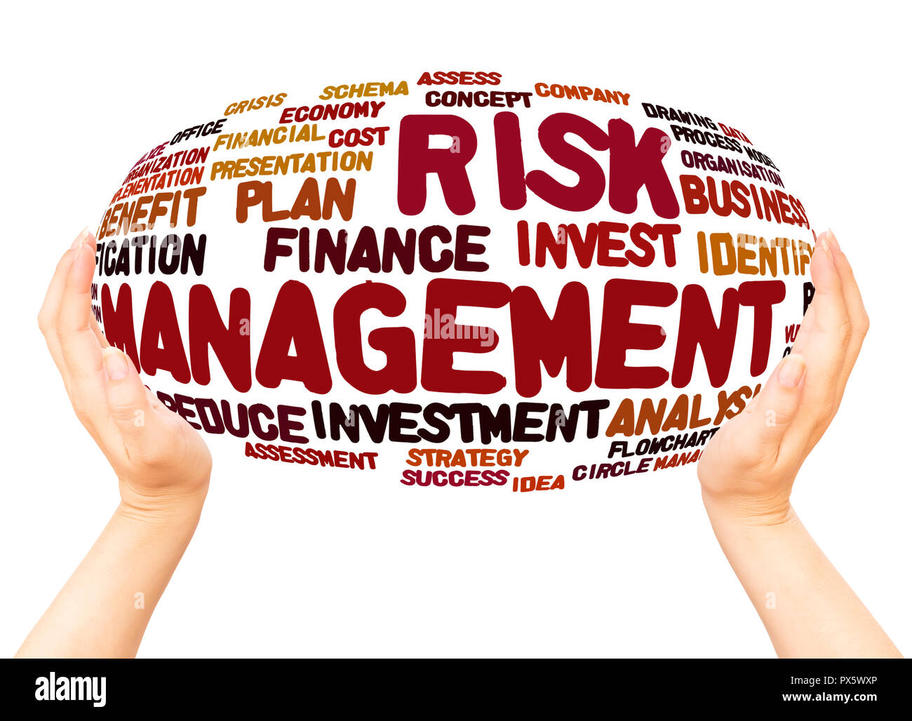 Risk Management word Cloud Hand Kugel Konzept auf weißem Hintergrund. Stockfoto