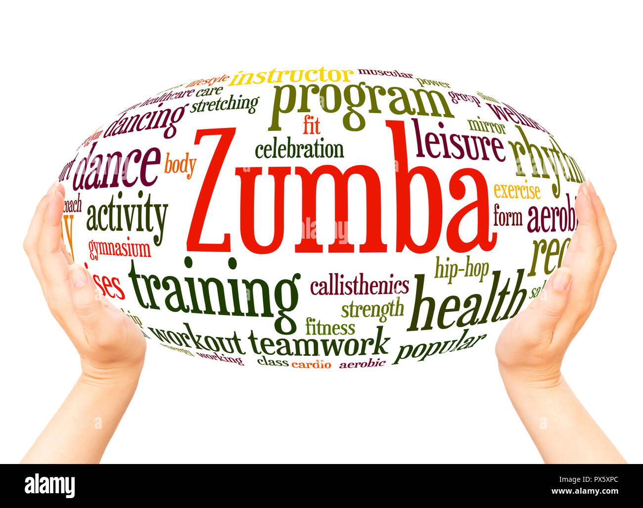 Zumba Fitness Wort Cloud Hand Kugel Konzept auf weißem Hintergrund. Stockfoto