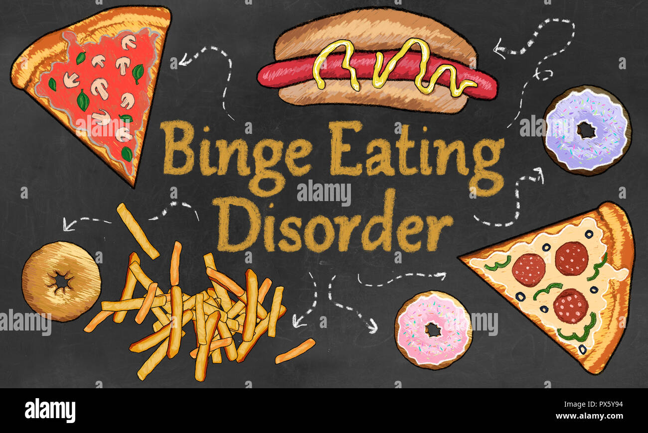 Binge Eating Disorder illustriert mit Junk Food wie z.b. Pizza, Pommes und Hot Dog Stockfoto