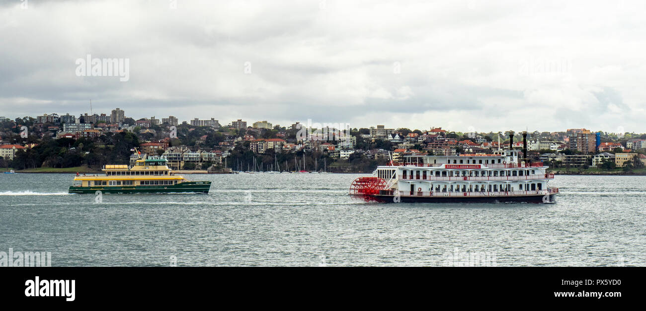 Emerald Class Ferry, der Mai Gibbs, und einem Schaufelrad showboat im Hafen von Sydney Sydney, NSW, Australien. Stockfoto
