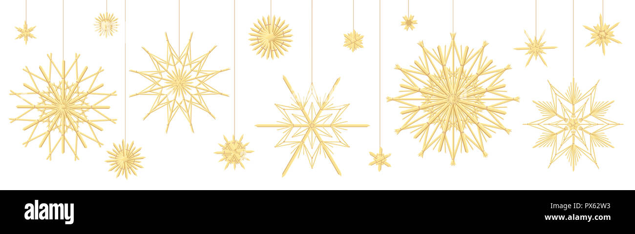 Stroh Star Collection. Traditionelle handgemachte Weihnachtsdekoration - Abbildung auf weißem Hintergrund. Stockfoto