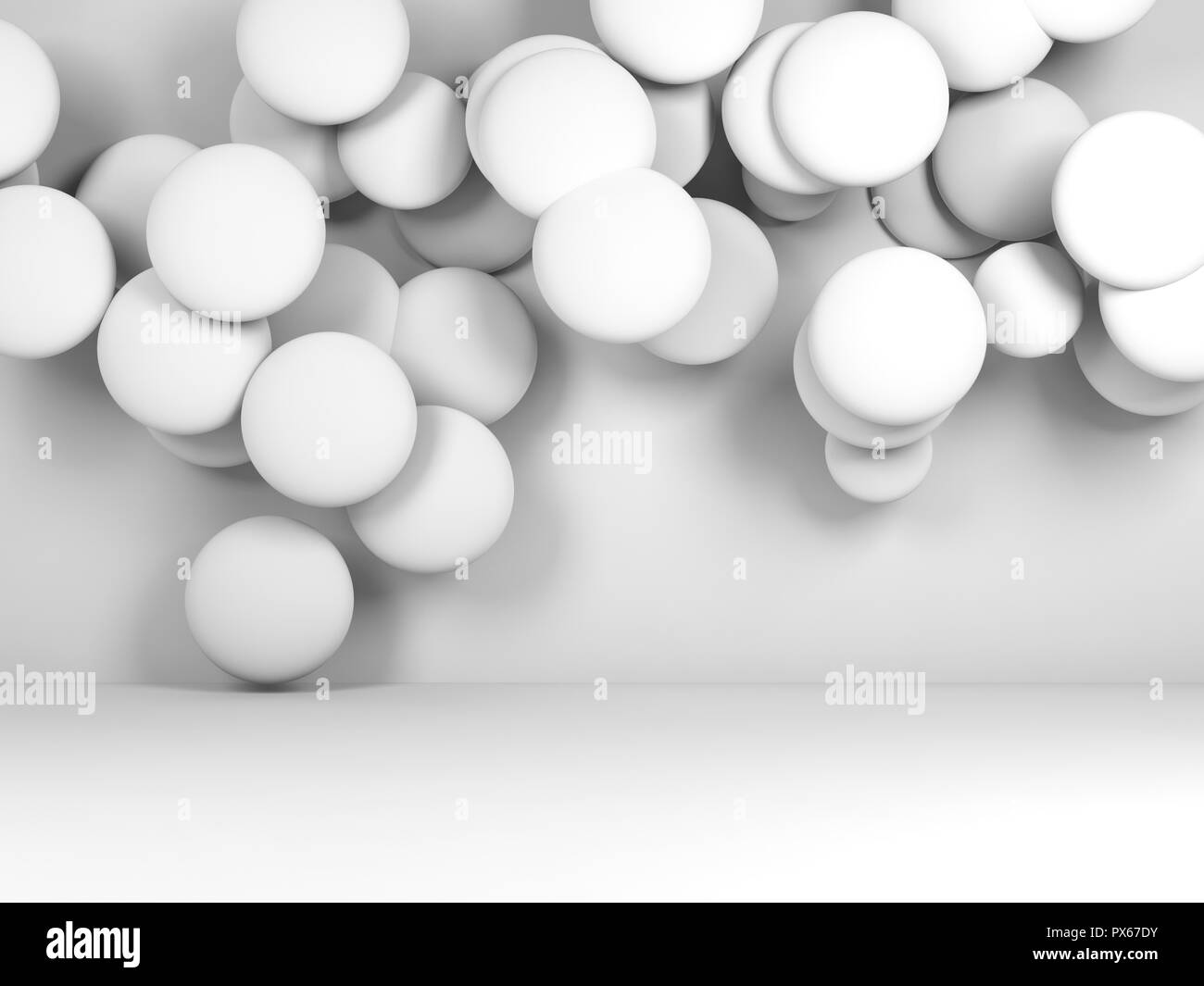 Der weiße, runde Objekte in abstrakten leeren Raum fliegen. Digitale Hintergrund, 3D-Rendering illustration Stockfoto