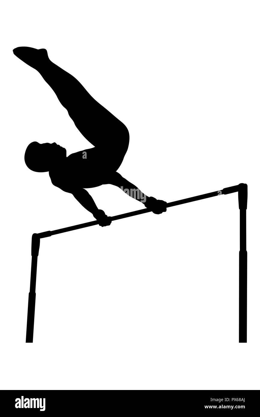 Horizontale Leiste männlichen Turnerin in der künstlerischen Gymnastik Stockfoto