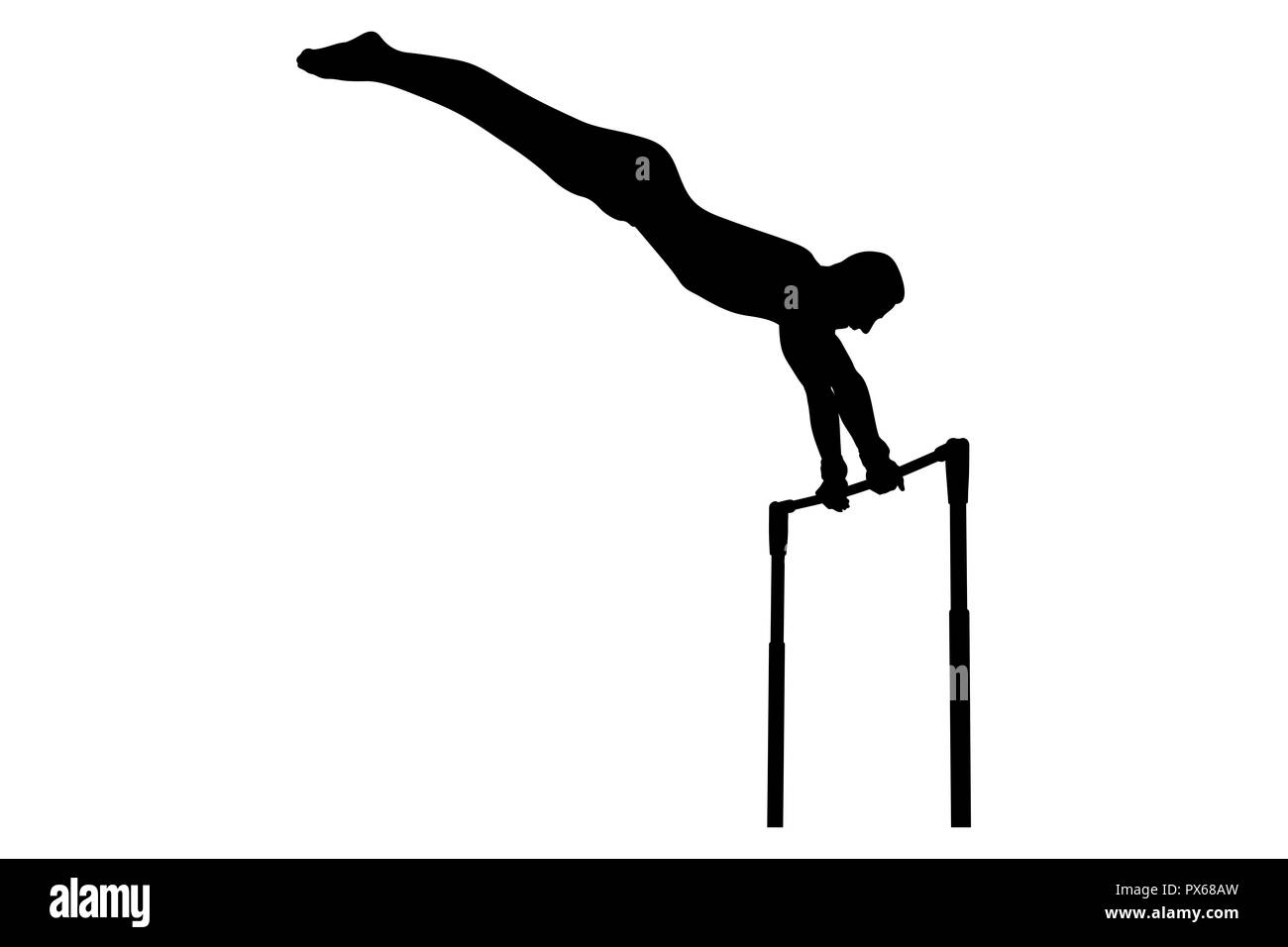 Horizontale Leiste Turnerin in der künstlerischen Gymnastik schwarze Silhouette Stockfoto
