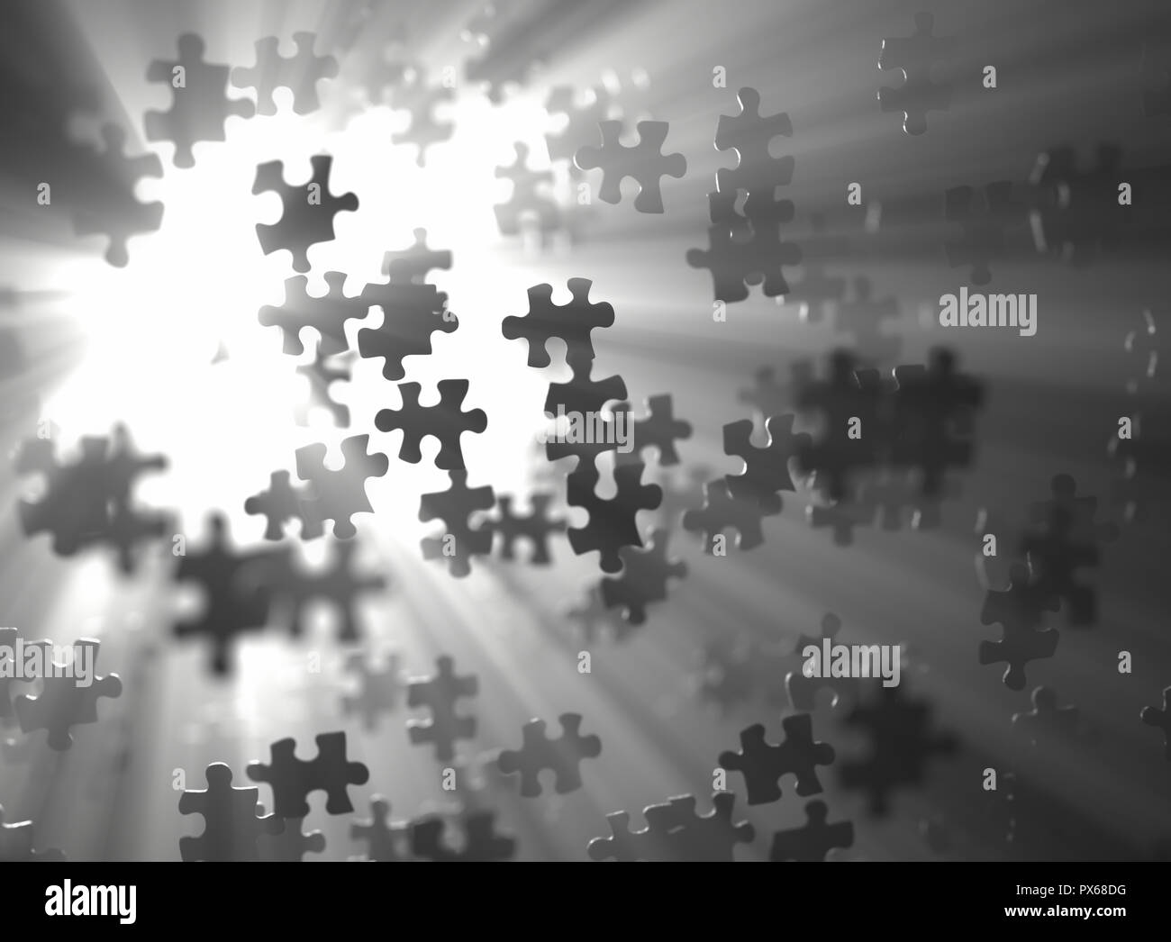 Explodierende Stücke eine leere Puzzle. Konzept des Brechens von Mustern. 3D-Darstellung. Stockfoto